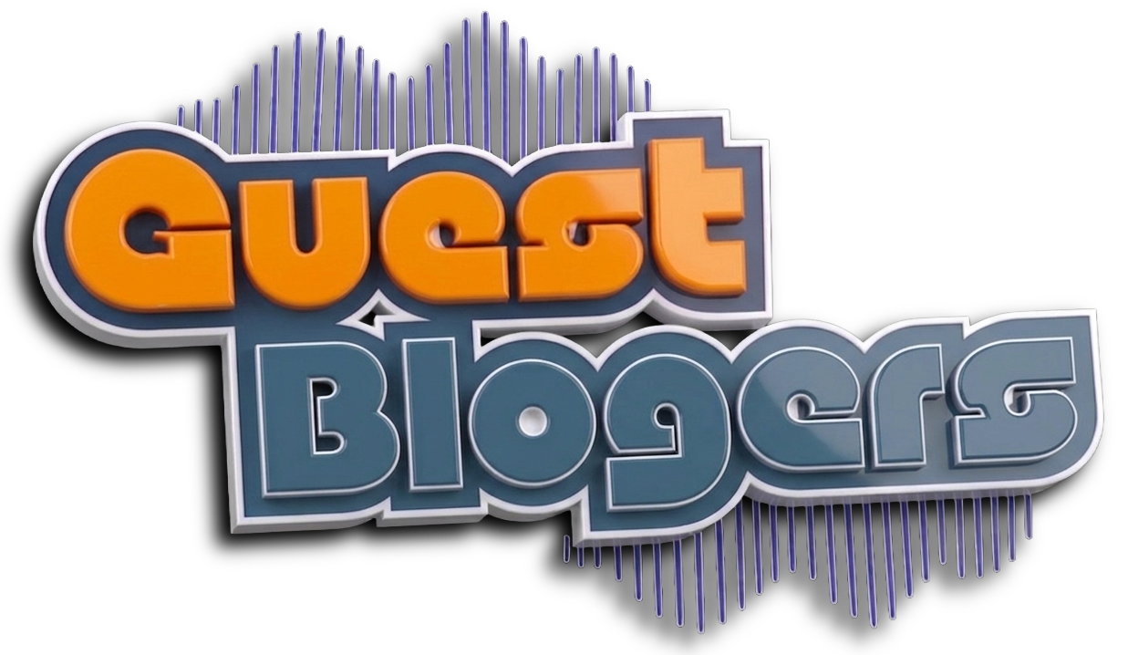 3D Guest Blogers logo featuring orange 'Guest' and teal-blue '#547792' 'Blogers' text with a thick white stroke and purple background accents.