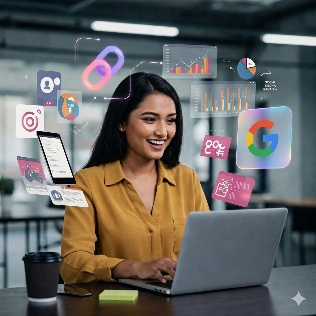 Gemini said A woman in a yellow shirt sits at a desk, smiling and working on a laptop. Floating around her are several translucent icons, including graphs, pie charts, a Google logo, social media icons, and a "Social Media Manager" label