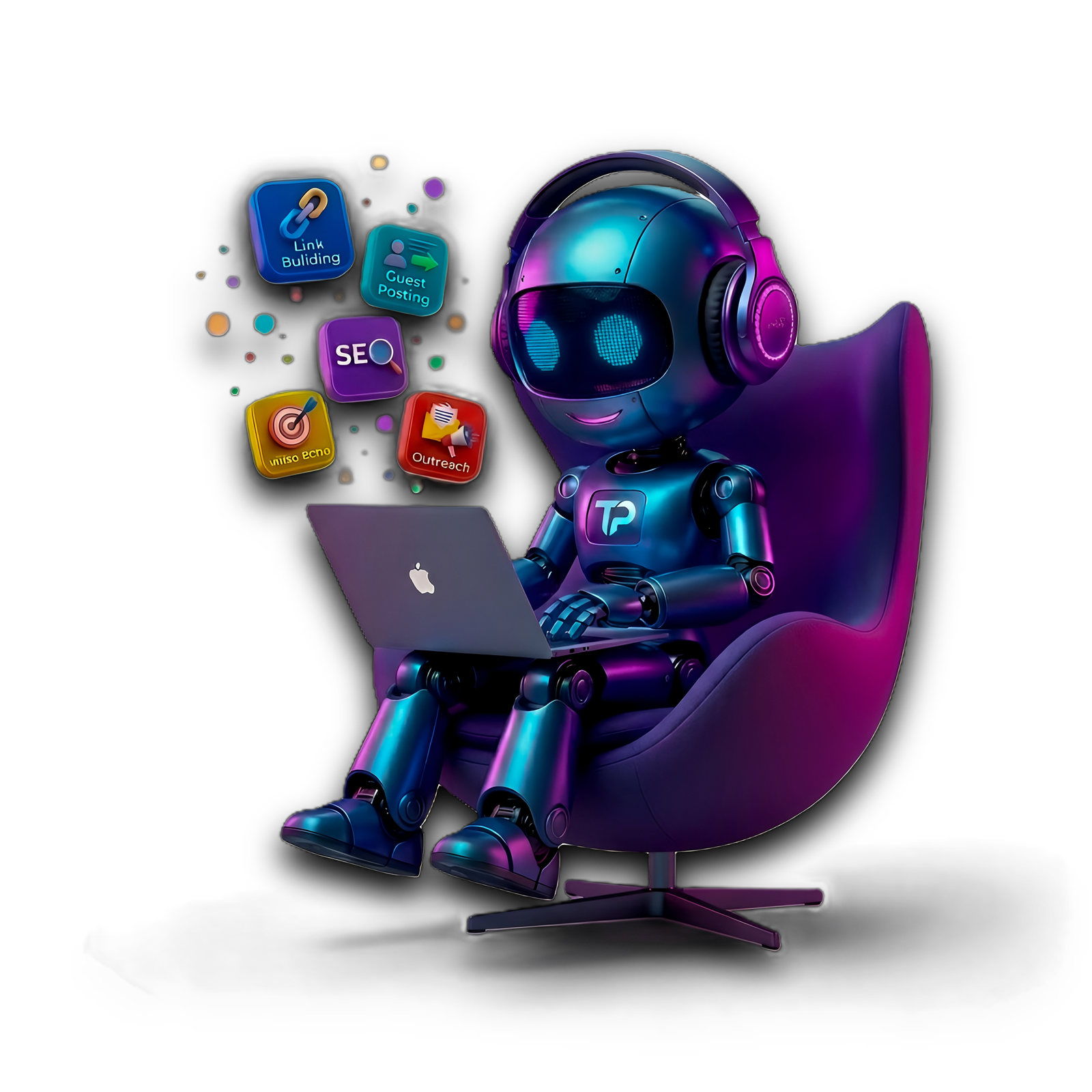3D metallic blue robot sitting in a purple chair using a laptop, surrounded by floating digital icons for Link Building, Guest Posting, SEO, and Outreach services on a black background.